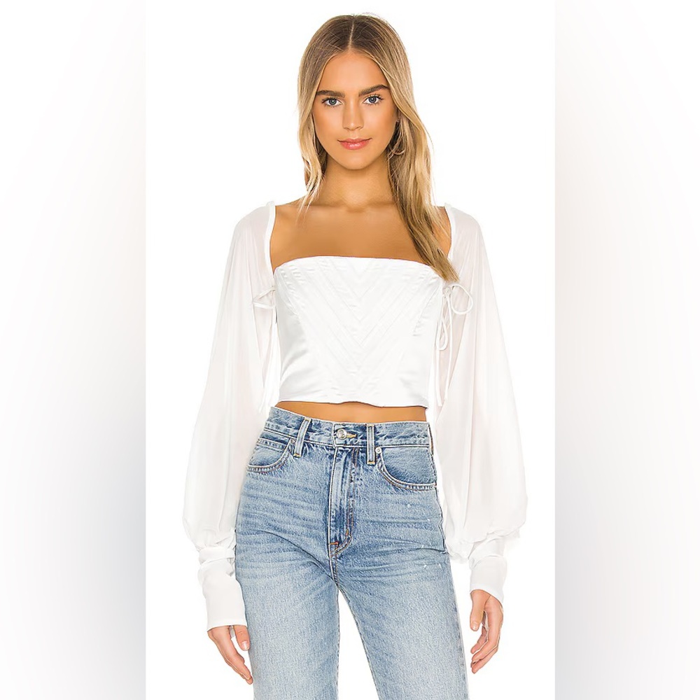 Danielle Guizio White Puff-Sleeve Corset Crop Top